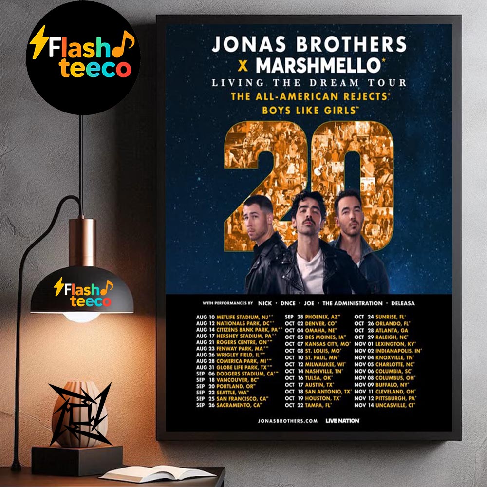 Jonas Brothers x Marshmello JONAS20 Living The Dream Tour Dates List 2025 The All-American Rejects Boys Like Girls Home Decor Poster Canvas Jonas Brothers x Marshmello JONAS20 Living The Dream Tour Dates List 2025 The All-American Rejects Boys Like Girls Home Decor Poster Canvas